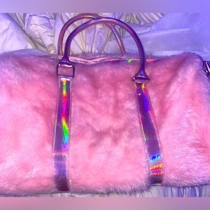 Shagadelic Holographic Pink Fur Weekender Duffel Bag
